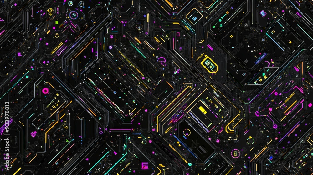 Poster abstract digital circuit pattern with vibrant colors and intricate details against a black backgroun