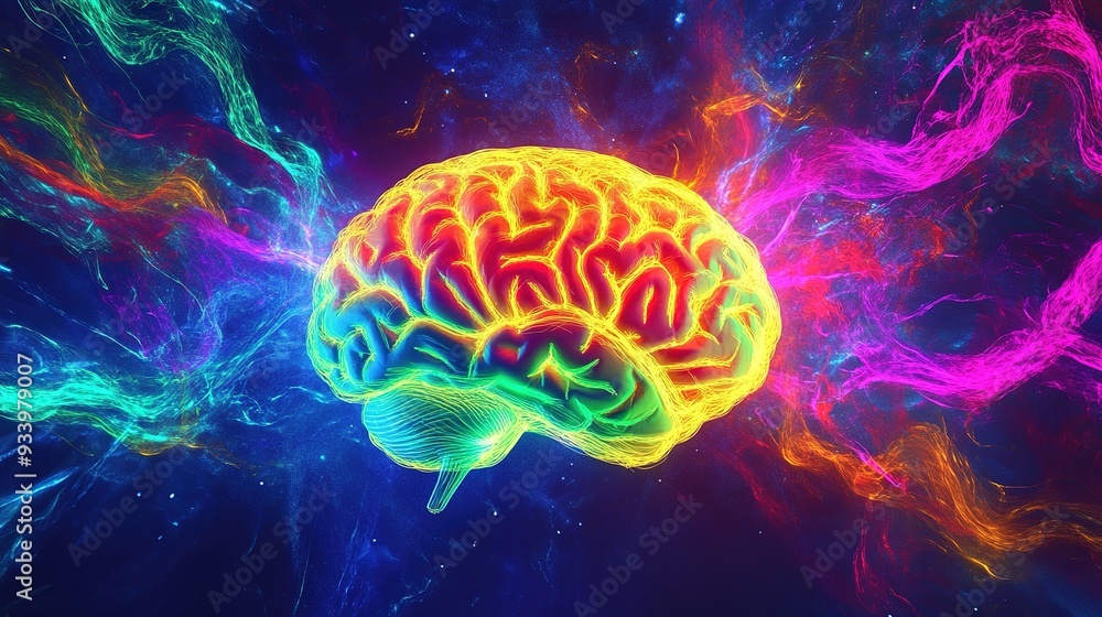 Aufkleber a vibrant, colorful representation of a human brain surrounded by swirling energy patterns in a cosm