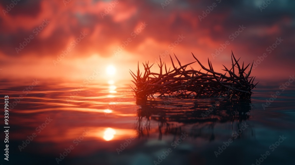 Poster soft waves gently lapping at a nest as the sun sets, casting warm hues across the water and painting