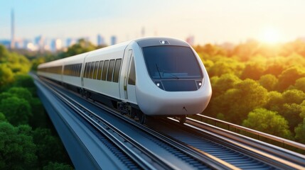 Naklejka premium A modern train traveling through lush greenery with a city skyline in the background, showcasing urban transport and nature.