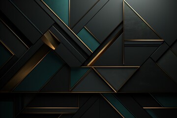 Abstract geometric black and teal background with gold accents.
