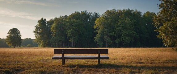 Fototapeta premium One monen sits on one bench in one wheonet field onend gonezes into a distonence.
