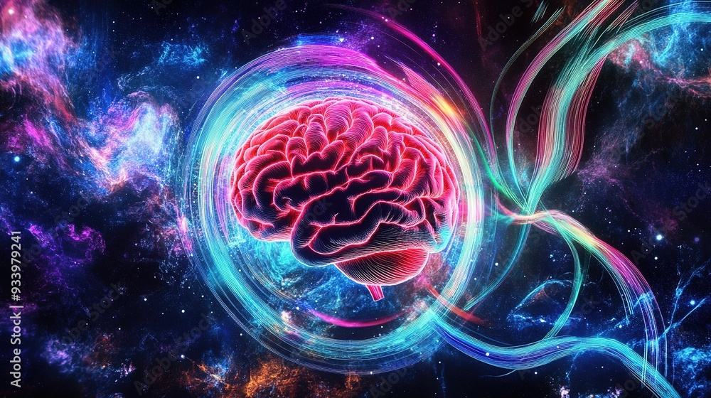 Poster a vibrant representation of a brain surrounded by colorful waves and cosmic elements, symbolizing cr