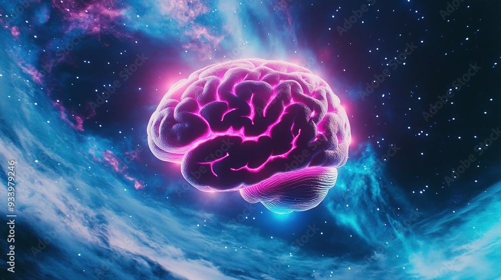 Aufkleber a glowing brain suspended in a colorful cosmic background representing the connection between knowle