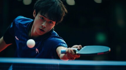 Close-up photo of a table tennis player in action for packaging design or tennis ball box template.