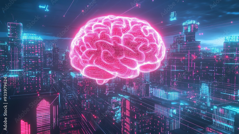 Poster a vibrant neon brain visualization floating above a futuristic urban skyline illuminated with digita
