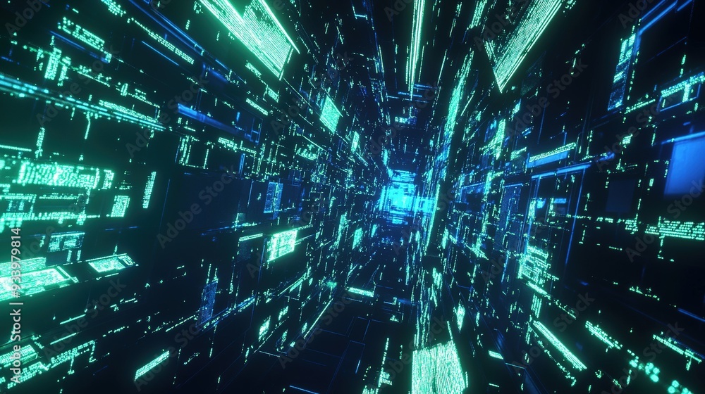 Fototapete A digital landscape showcasing abstract data flow with vibrant blue and green lights in a futuristic tunnel, creating a sense of depth and movement