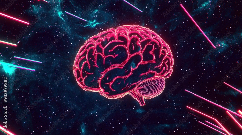 Aufkleber a vibrant digital rendering of a neon brain floating in a cosmic space environment, surrounded by co