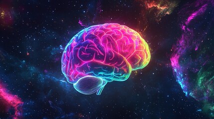 A vibrant, glowing brain illustration set against a stunning cosmic background showcasing a blend of colors and patterns, symbolizing creativity and intelligence in the universe