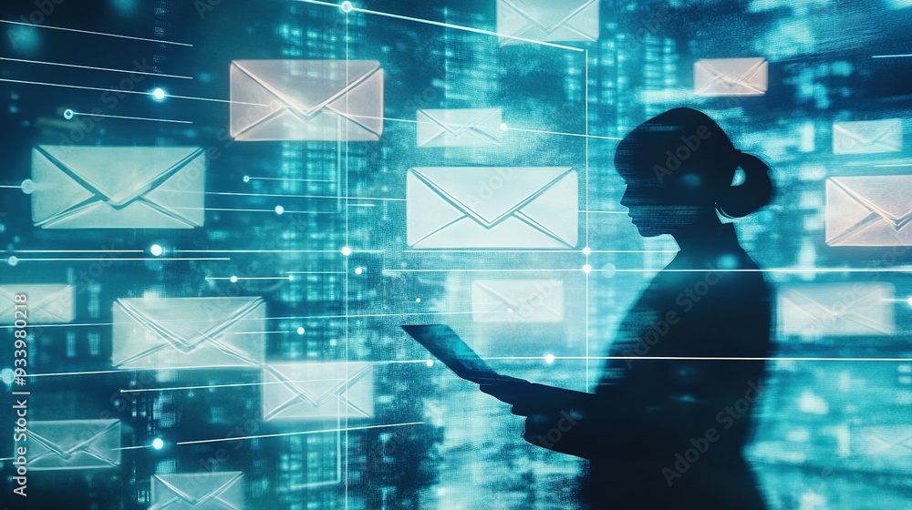 Poster a silhouette of a person interacting with a digital device amidst animated email icons, symbolizing 