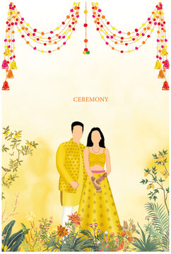 Traditional Haldi ceremony invite with Indian couple cariture and floral decor with tassle hanging