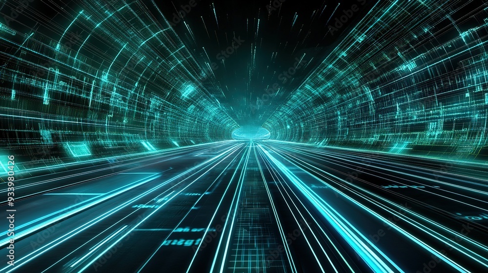 Poster a futuristic digital landscape showcasing glowing lines of code and data streaming through a tunnel 