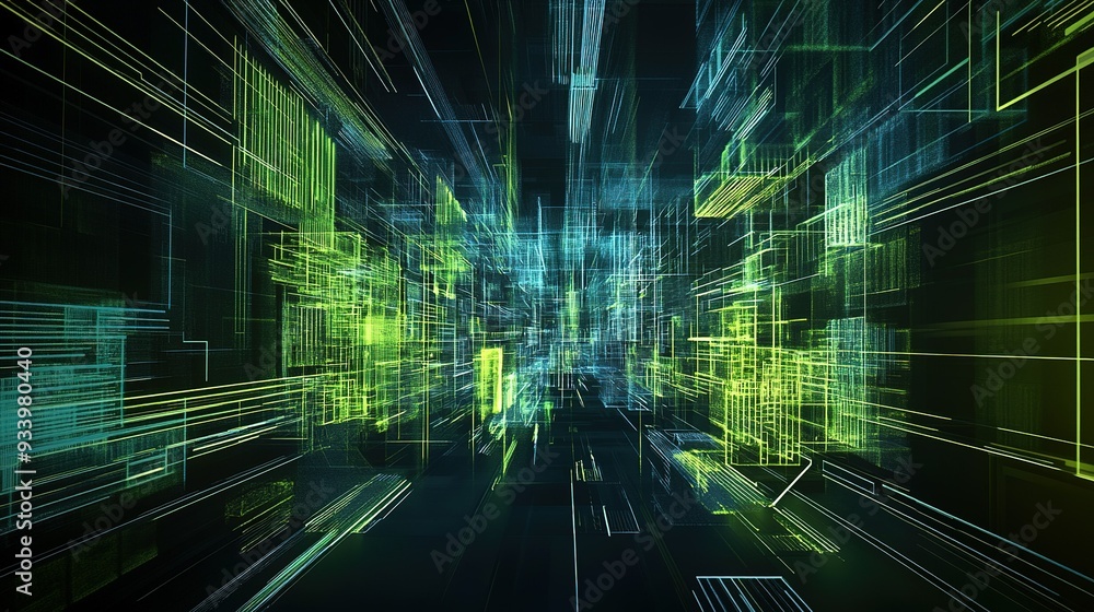 Poster A vibrant abstract representation of digital data flow in a futuristic environment featuring green and blue lines creating a dynamic visual pattern