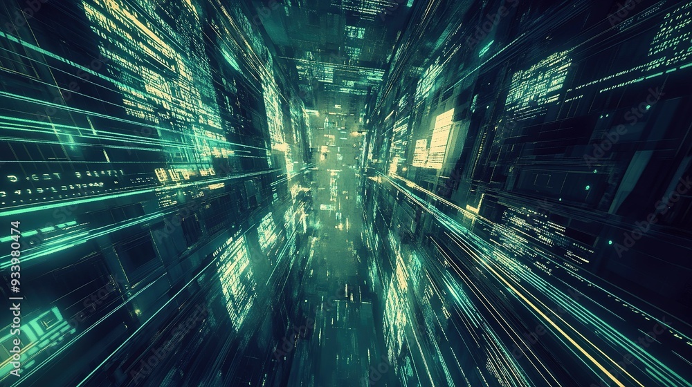 Poster a digital tunnel of flowing data streams glows in vibrant hues, showcasing an abstract representatio
