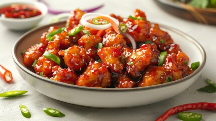 Fototapeta premium chicken manchurian flying with sauce on white background 