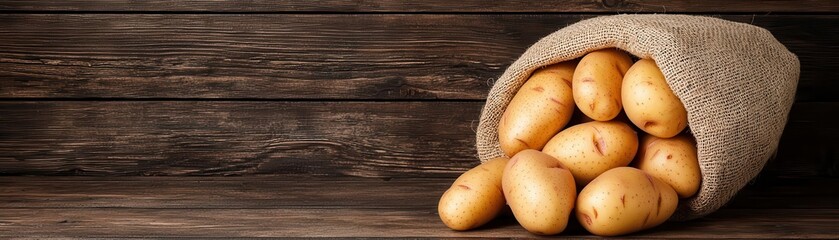 Organic potato sack, spilling onto rustic floor, 3D illustration