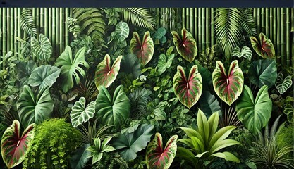 Vibrant tropical foliage background with Caladium, Monstera, and Philodendron leaves against a bamboo backdrop, perfect for eco-friendly designs.