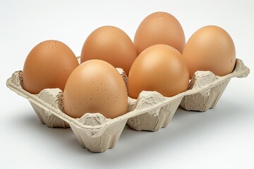 five household eggs in a paper tray stand isolated on white