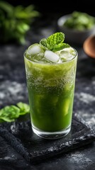Refreshing green drink with ice and mint on a dark countertop