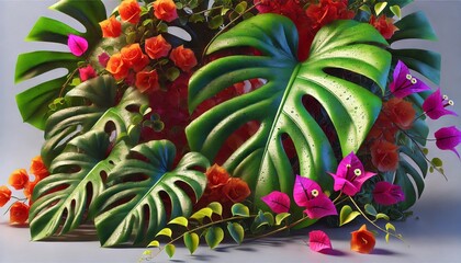 Vibrant monstera leaves and bougainvillea arrangement, perfect for website banners, floral designs, and modern botanical decor.