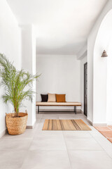 Modern Mediterranean bench with decorative pillows and green plant