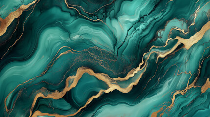 Liquid Marble Green Gold Turquoise Background. Cool Watercolor, Acrylic Painting with Stone Design. Liquid Marble Gold Green Turquoise Luxurious Decoration. Digital Fluid Paint Brush Glitter Drop.
