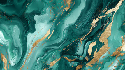 Liquid Marble Green Gold Turquoise Background. Cool Watercolor, Acrylic Painting with Stone Design. Liquid Marble Gold Green Turquoise Luxurious Decoration. Digital Fluid Paint Brush Glitter Drop.