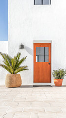 Fototapeta premium Bright Mediterranean exterior with orange door and woven planter