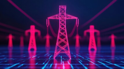 Futuristic electric power lines and pylons illuminated by vibrant pink and blue lights against a dark background.