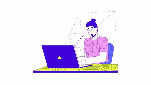Eye tracking software 2D animation. Gaze tracker technology 4K video motion graphic. Eye recognition. Caucasian man looking at laptop animated character cartoon flat concept, white background