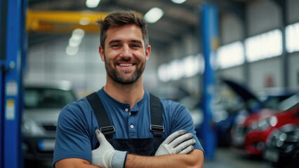Obraz premium A mechanic wearing black overalls confidently poses in a well-lit automotive workshop, his broad smile reflecting satisfaction and pride in his skilled workmanship and professional environment.