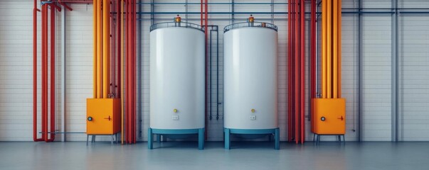 Industrial setting featuring two large storage tanks and colorful pipes, capturing a modern facility environment.