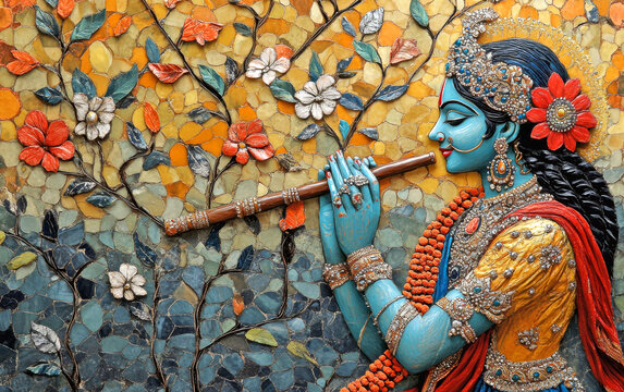 Beautiful mosaic tile art of the hindu god krishna playing the bansuri flute surrounded by colorful flowers
