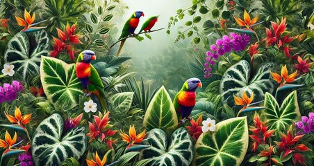 Vibrant Tropical Scene with Colorful Birds and Exotic Flowers Perfect for Travel Banners and Nature-Inspired Designs