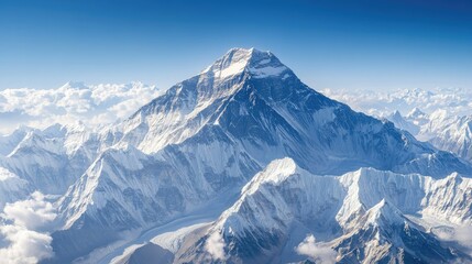 Naklejka premium Aerial image of Mount Everest, capturing the stark contrast between its snowy summit and the rocky, treacherous landscape.