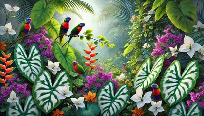 Vibrant Tropical Scene with Colorful Birds and Exotic Flowers Perfect for Travel Banners and Nature-Inspired Designs