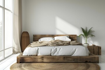 Rustic wooden bed against empty white wall with copy space. Scandinavian loft interior design of modern bedroom.