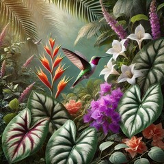 Hummingbirds Among Tropical Leaves and Bougainvillea Flowers - Vibrant Nature-Themed Illustration for Design