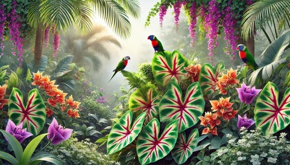 Lush Tropical Garden with Colorful Parrots and Vibrant Variegated Caladium Leaves for Design and Decor