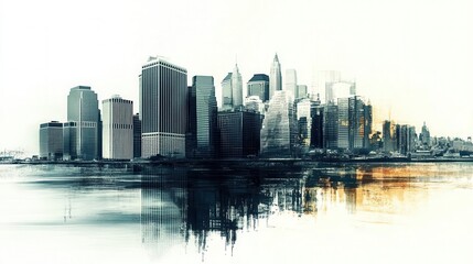 Obraz premium A stunning skyline reflection highlighting modern architecture and serene wate