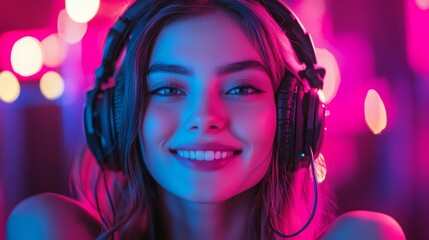 Fototapeta premium Portrait of happy pretty woman listening to music with headphones