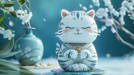 Cute cartoon tiger in meditation pose with a gold coin.