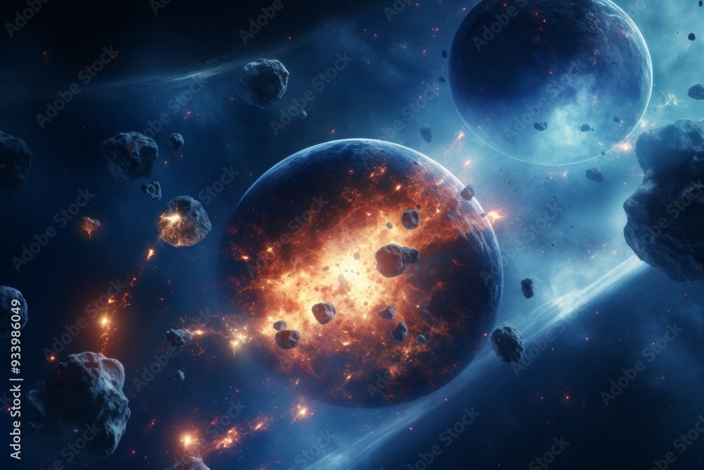 Wall mural cosmic collision: a planet explodes in a spectacular display of fire and debris