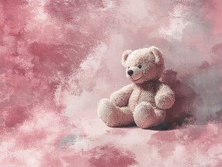 Fuzzy Teddy Bear on Dusty Pink Background Low Angle Perspective Soft Focus Romantic Concept