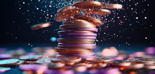 Golden Coins Raining Down on a Stack of Coins Close Up Perspective with Depth of Field Sparkling Bokeh Wealth Concept