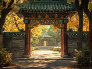Fototapeta premium Golden Autumn Light Through Chinese Gate A lowangle perspective captures a traditional Chinese gate framed by autumn foliage leading to a sunlit pathway and a hidden courtyard