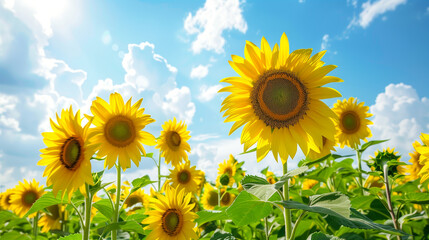 Fototapeta premium A field of blooming sunflowers under a clear sky with white clouds, with sunlight highlighting the bright yellow petals