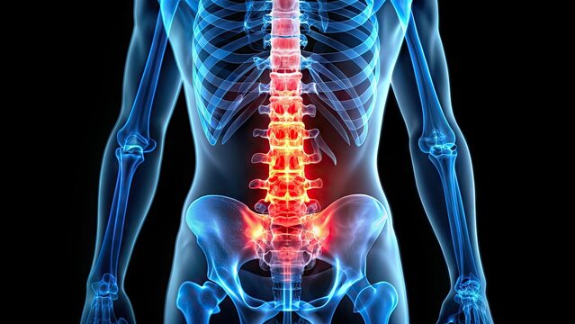 X-ray image of human spine showing herniated discs and osteoarthritis, illustrating common causes of chronic lower back pain and orthopedic issues.