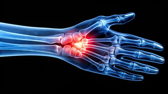 X-ray image of a human wrist and hand showing carpal tunnel syndrome, a painful condition caused by compressed median nerve in the wrist tunnel.