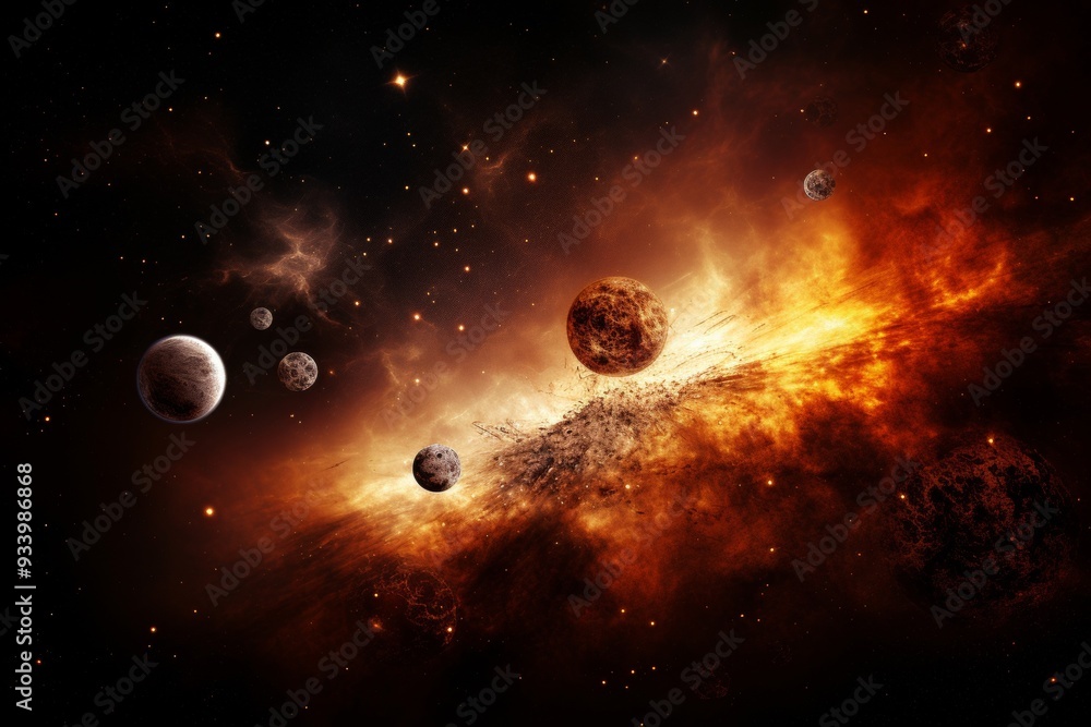 Wall mural cosmic collision: planets in a fiery nebula